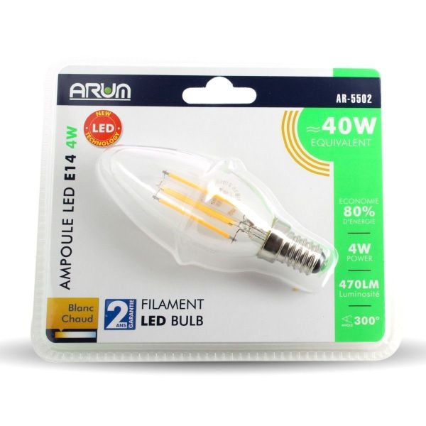 Ampoule à filament LED Flamme, culot E14, 2,2W (eq. 40W), 470 lumens, Blanc  chaud, Classe