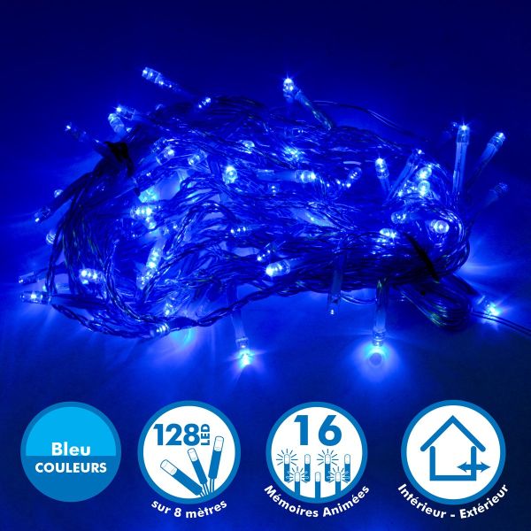 Guirlande lumineuse 8 mètres 128 LED - Bleu extérieur