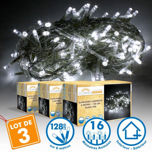 Lot de 3 Guirlandes lumineuses 8 mètres 128 LED - Blanc Pur extérieur