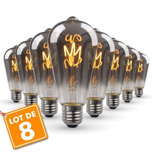 Lot de 8 Ampoules LED E27 ST64 Smoky Filament Déco Vintage
