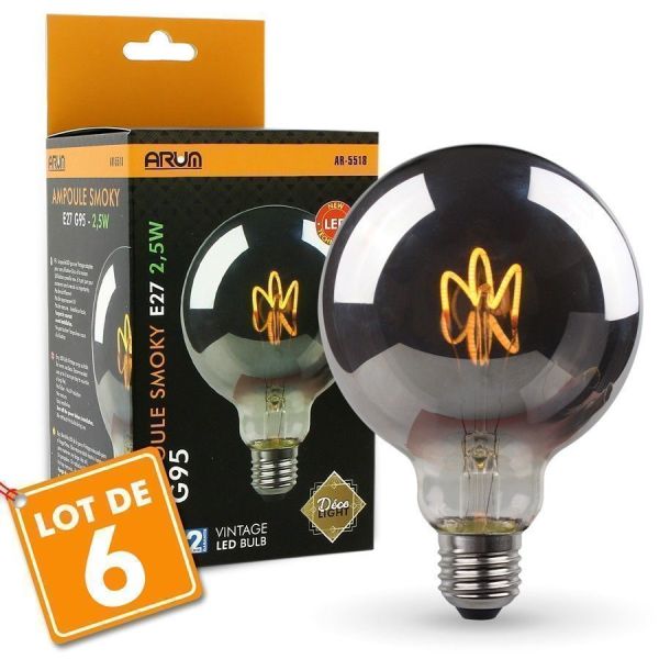 Lot de 6 Ampoules LED E27 G95 Smoky Filament Déco Vintage