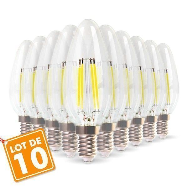 Lot de 10 Ampoules Flamme Filament 4w eq. 40W Culot E14 blanc chaud 2700K