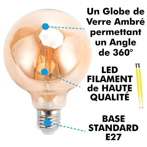 Ampoule LED E27 G95 Ambrée Filament 6W