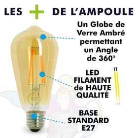 LVWIT Vintage E27 Ampoule Filament LED ST64 4.9W 400Lm 2200K Blanc Chaud Lot de 3 Lampe Rétro Edison en Verre Brun Non-Dimmable 