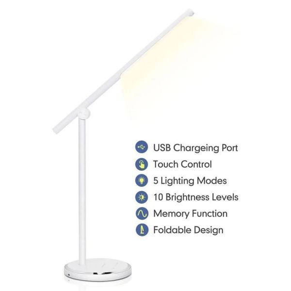 Dimmable white LED desk lamp with wireless phone charger