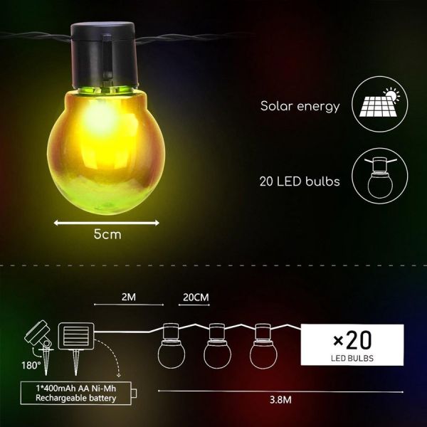 Guirlande solaire LED Multicolore de 20 ampoules 5,8M