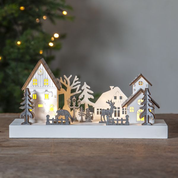 Decoración de paisaje navideño FAUNA en madera clara 4 LED blanco cálido