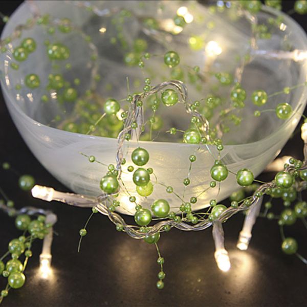 Green bead LED garland on batteries