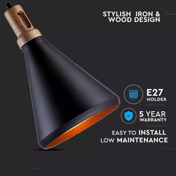 Lámpara colgante de interior escandinava Madera Negra y Metal E27 V-Tac