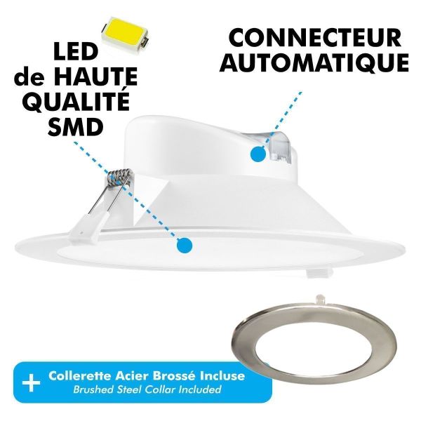 Spot LED Encastrable 25 Watts Eq 180W  IP44 + Collerette Acier Brossé