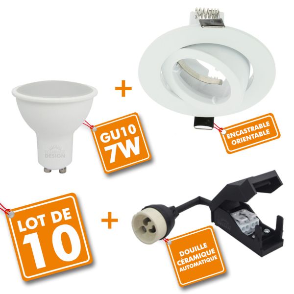 Set of 10 Snail White adjustable recessed LED spotlight complete with GU10 230V 7W bulb