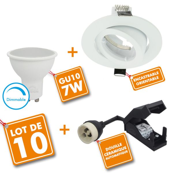 Set of 10 Snail White Adjustable Recessed LED Spotlight Complete with GU10 230V 7W Dimmable Bulb