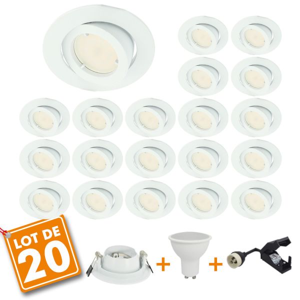 Set of 20 Snail White adjustable recessed LED spotlight complete with GU10 230V 7W bulb