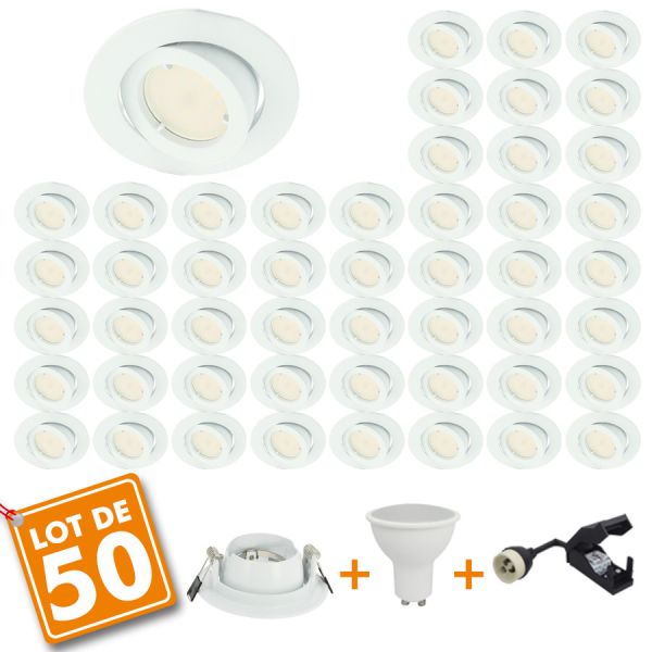 Lot de 50 Spot LED encastrable orientable Escargot Blanc complet avec Ampoule GU10 230V 7W