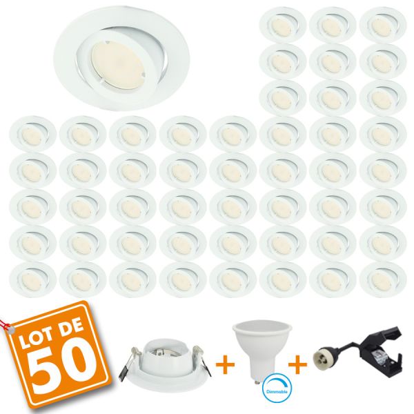 Set of 50 Snail White Adjustable Recessed LED Spotlight Complete with GU10 230V 7W Dimmable Bulb