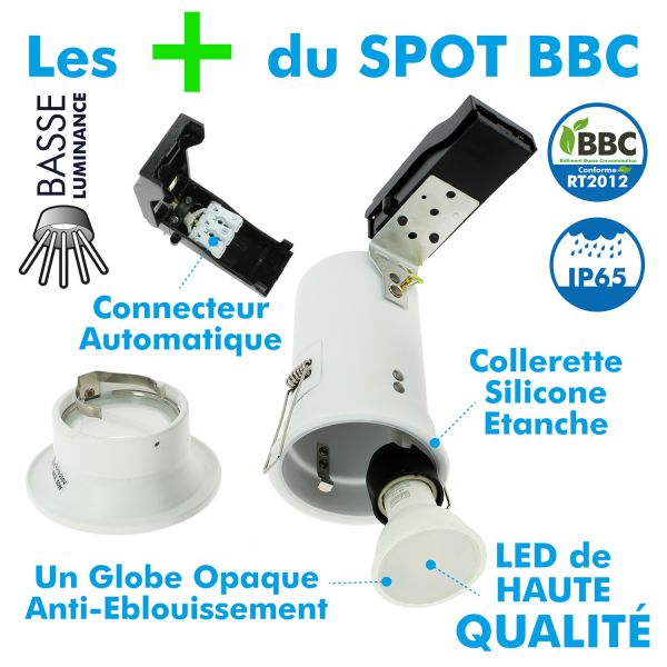 Set of 10 Fixed Recessed Spotlights White GU10 CASTEL UGR BBC RT2012 Low Luminance with GU10 230V 7W Bulb