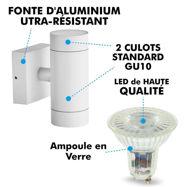 Set mit 4 weißen VENICE-Außenwandleuchten mit zwei Lichtstrahlen und 8 GU10-5-W-LED-Lampen