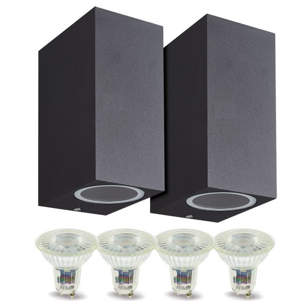 Set di 2 applique da esterno biemissione Manathan BLACK con 4 lampadine LED GU10 5W