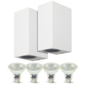 Set of 2 Manathan White Outdoor Double Beam Wall Lights with 4 GU10 5W LED Bulbs