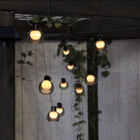 Solar string of 10 Warm White LED bulbs with Smoky Glass Globe