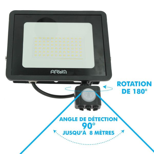Set mit 10 50-W-LED-Projektoren. Schwarzer Bewegungsmelder IP65