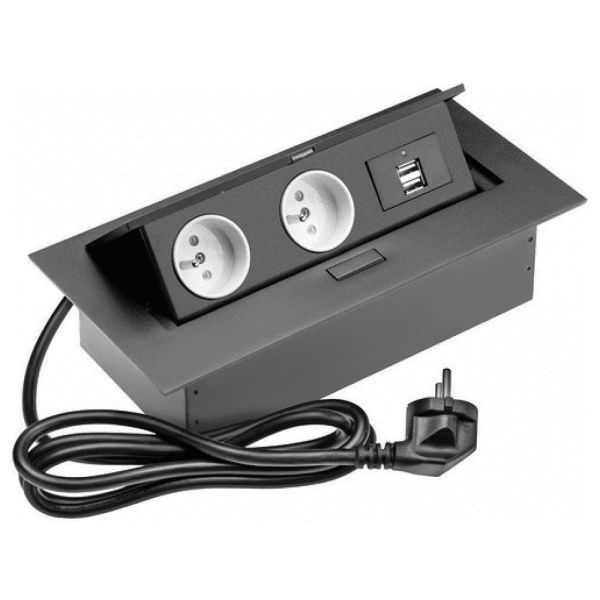 Block of 2 2P+E sockets and 2 integrated retractable USB ports Pivoting