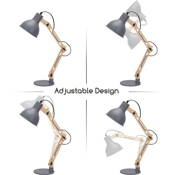 Aigostar Lampe de Bureau Retro à Bras Réglable, Lampe de Table Flexible en  Bois avec interrupteur à fil, Douille E27, Lampe de Chevet pour Chambre