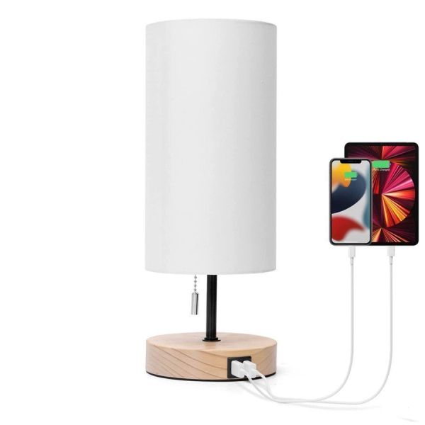 Lampada da comodino bianca e legno con 2 porte di ricarica USB, lampada da  tavolo E27