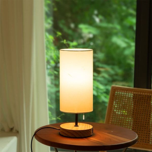 White and Wood bedside lamp with 2 USB charging ports, E27 table lamp