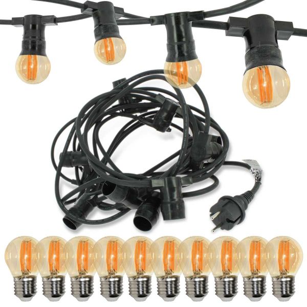 Professional guinguette garland 10 LED bulbs E27 4W Warm White Amber 10 meters Interconnectable