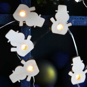 20 Warm White MicroLED Garland with Wooden Snowman on Batteries