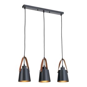 Pendant light in black metal and leather strap 3 lamps E27 RICHMOND