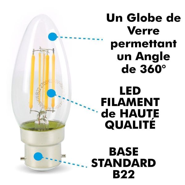 Ampoule LED 4.9W (40W) B22 Filament Flamme Blanc chaud 2700°K