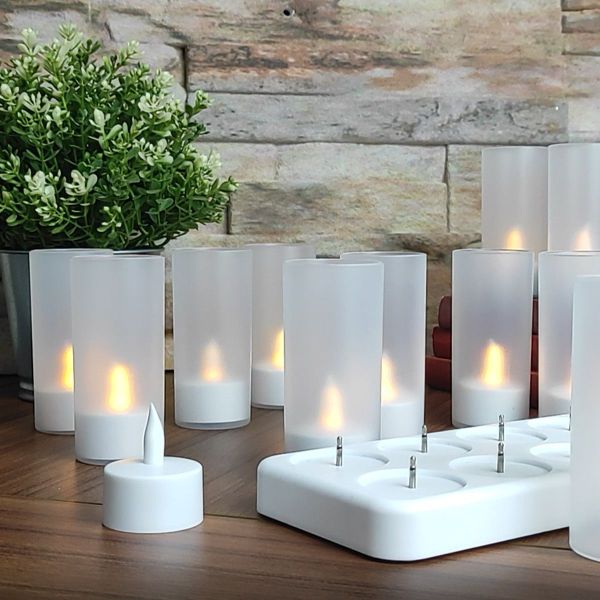 12 velas LED recargables efecto llama con base de carga