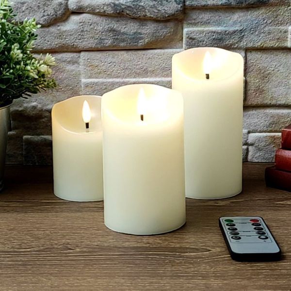 Set of 3 warm white 3D LED flame candles with remote control