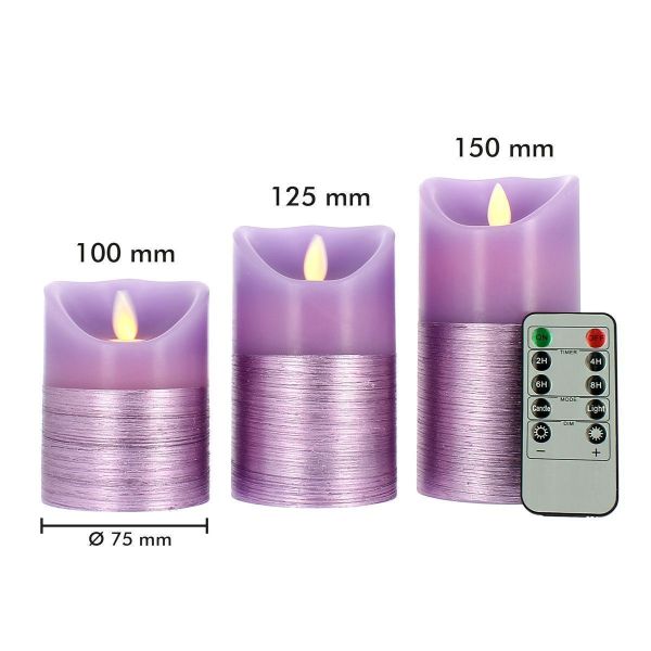 Set di 3 candele viola a fiamma tremolante bianco caldo con telecomando
