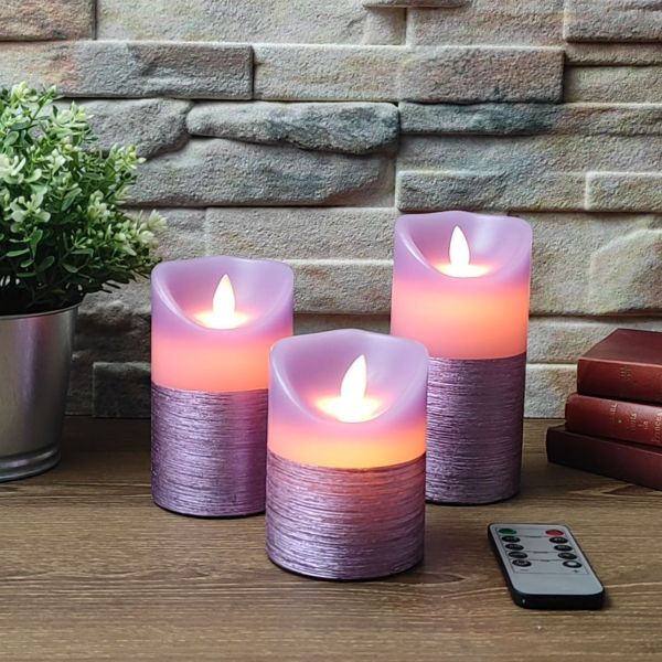 Set of 3 Warm White Flickering Flame Violet Candles with Remote Control