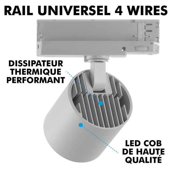 Spot LED Tracklight Blanc 33W pour rail 4 Wires Equi 180W 2900Lm