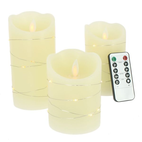 Set de 3 velas LED Llama parpadeante blanco cálido + MicroLED con mando a distancia