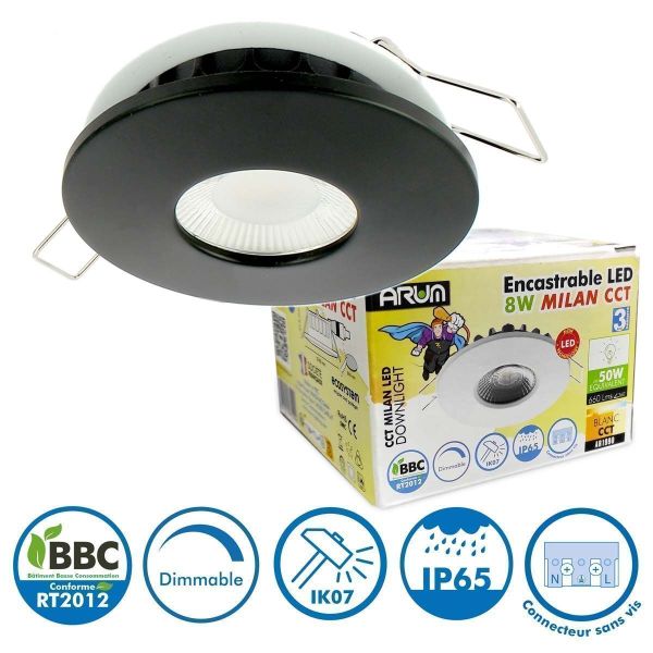 Set of 4 LED Recessed Spots 8W MILAN CCT IP65 IK07 Black Round Bezel with Dimmable Transformer
