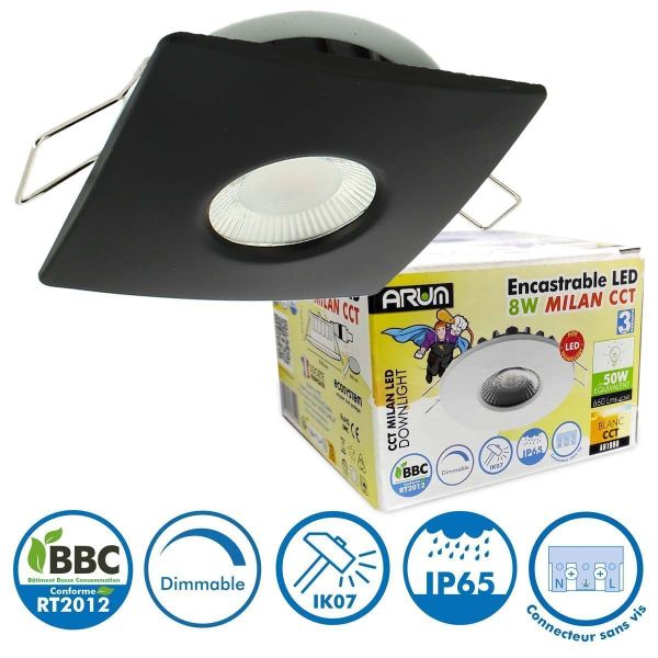 Set of 2 LED Recessed Spots 8W MILAN CCT IP65 IK07 Black Square Collar with Dimmable Transformer