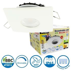 8W LED Downlight MILAN CCT IP65 IK07 White Square Bezel with Dimmable Transformer