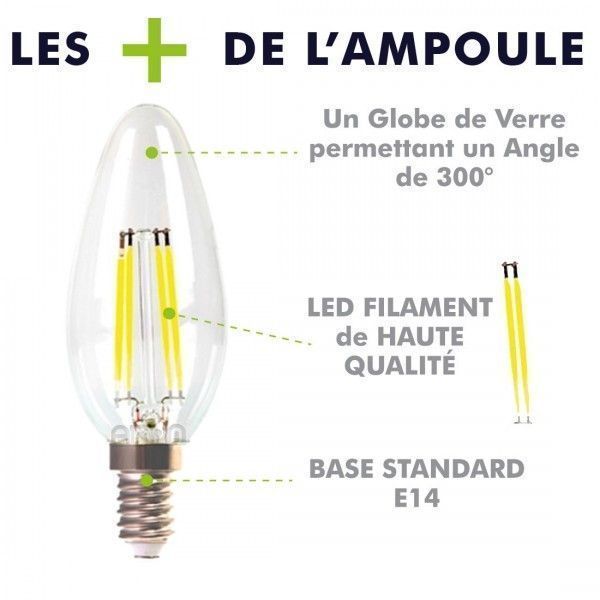 Lot de 10 Ampoules LED  E14 Flamme Filament 6W Eq 60W blanc chaud 2700K