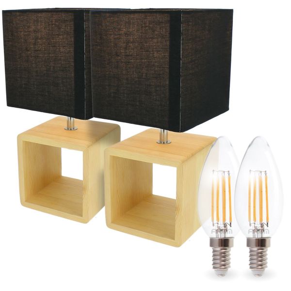 Conjunto de 2 lámparas de noche y mesita de madera E14 30cm BRAGI con sus bombillas LED de Filamento de 4,9W