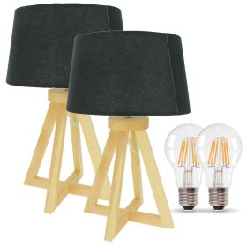 Set of 2 wooden HOD table lamps E27 37cm with its 4W warm white LED Filament bulbs