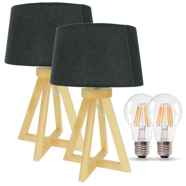 Set di 2 lampade da tavolo HOD in legno E27 37 cm con le sue lampadine a filamento LED bianco caldo da 4W