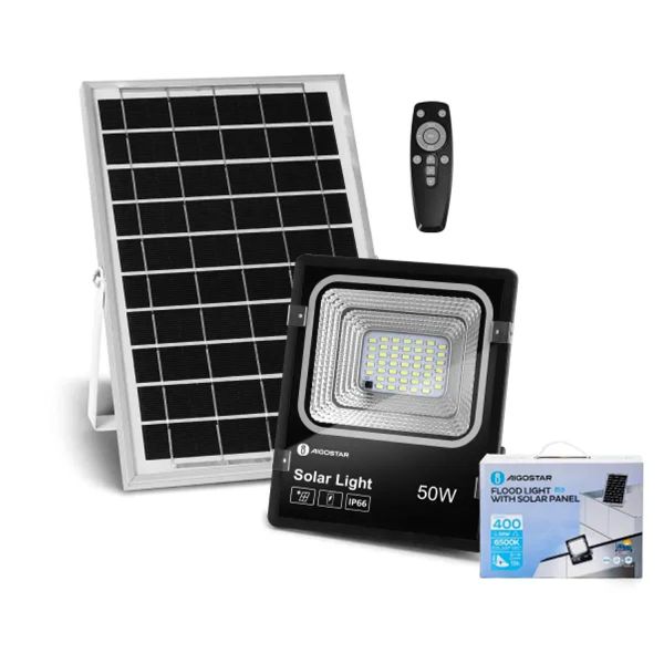 50W Solar LED Projector with its Solar Panel and Remote Control