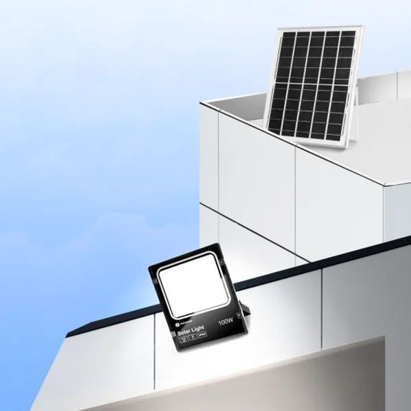 Proyector Solar LED 100W con su Panel Solar y Control Remoto