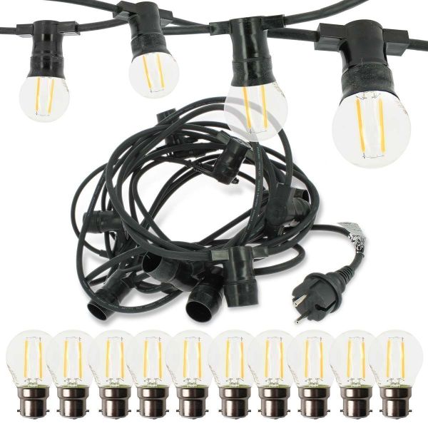 Professional guinguette garland 10 B22 2W warm white LED bulbs 10 meters Interconnectable