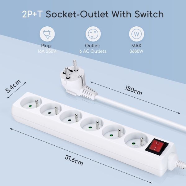 Power strip 6 sockets 1.5M 3G1.0mm Cable with switch